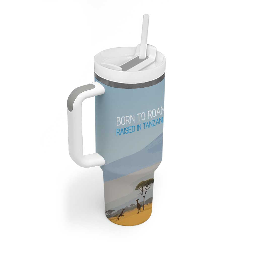 Tanzania Safari Giraffe Tumbler With Handle - Tribal Patterns and Mount Kilimanjaro Scene