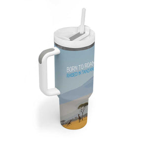 Tanzania Safari Giraffe Tumbler With Handle - Tribal Patterns and Mount Kilimanjaro Scene