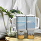 Tanzania Safari Giraffe Tumbler With Handle - Tribal Patterns and Mount Kilimanjaro Scene