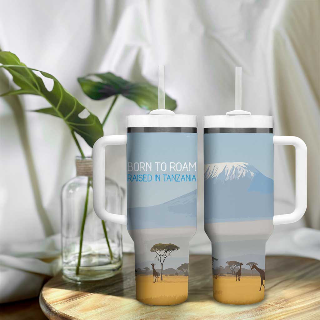 Tanzania Safari Giraffe Tumbler With Handle - Tribal Patterns and Mount Kilimanjaro Scene