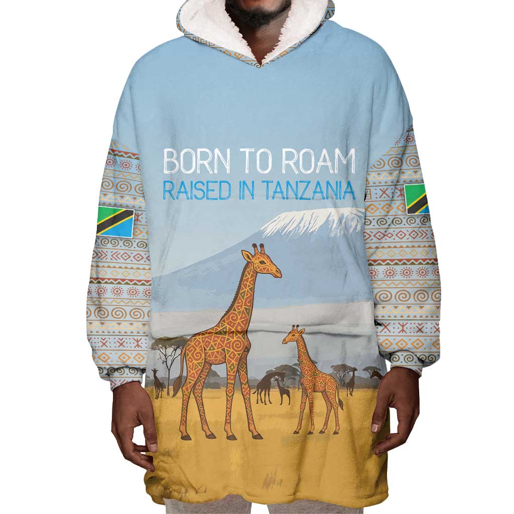 Tanzania Safari Giraffe Wearable Blanket Hoodie - Tribal Patterns and Mount Kilimanjaro Scene