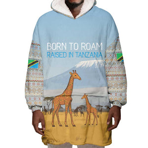 Tanzania Safari Giraffe Wearable Blanket Hoodie - Tribal Patterns and Mount Kilimanjaro Scene