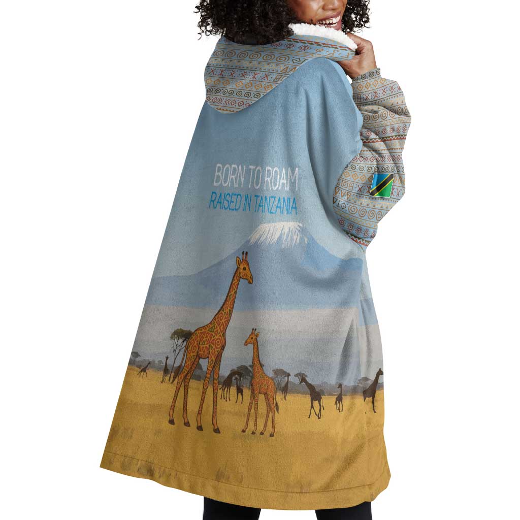 Tanzania Safari Giraffe Wearable Blanket Hoodie - Tribal Patterns and Mount Kilimanjaro Scene