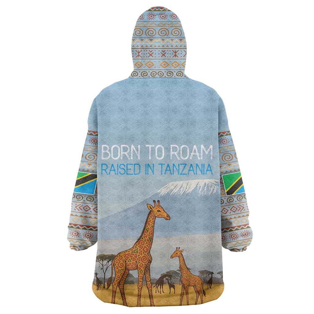 Tanzania Safari Giraffe Wearable Blanket Hoodie - Tribal Patterns and Mount Kilimanjaro Scene