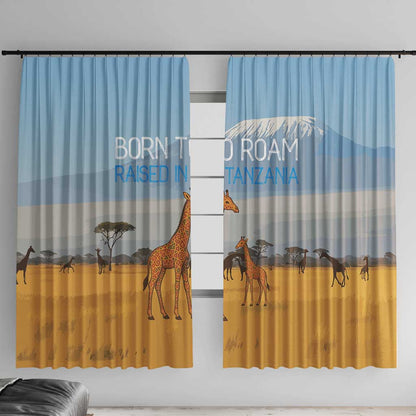 Tanzania Safari Giraffe Window Curtain - Tribal Patterns and Mount Kilimanjaro Scene