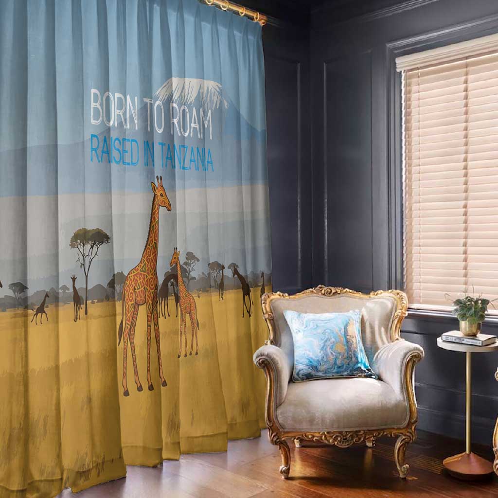 Tanzania Safari Giraffe Window Curtain - Tribal Patterns and Mount Kilimanjaro Scene