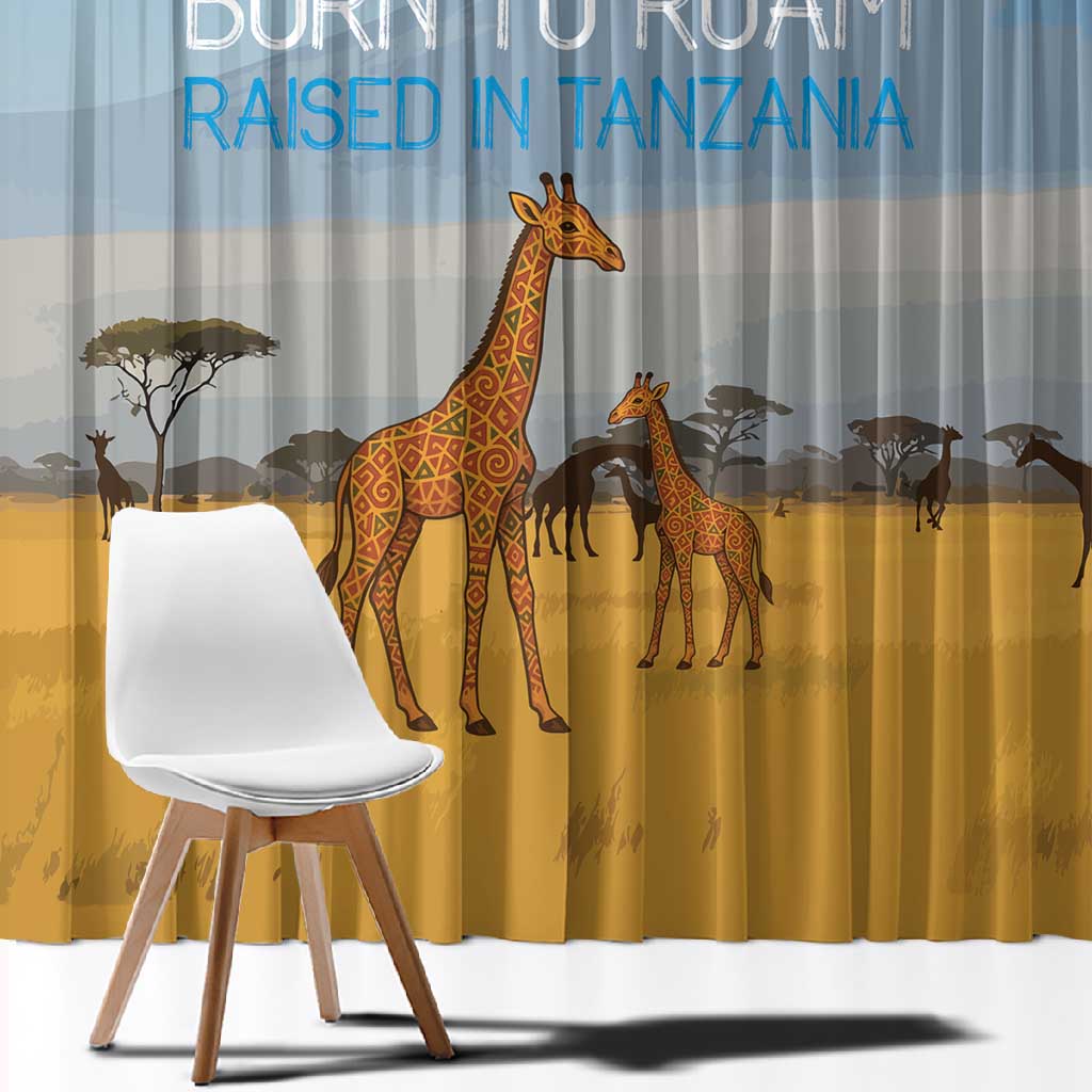 Tanzania Safari Giraffe Window Curtain - Tribal Patterns and Mount Kilimanjaro Scene