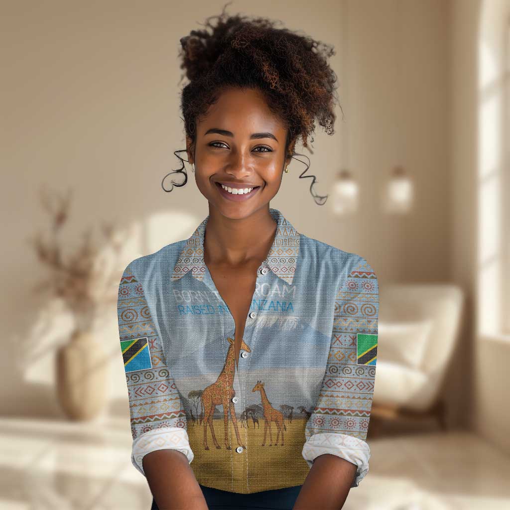 Tanzania Safari Giraffe Women Casual Shirt - Tribal Patterns and Mount Kilimanjaro Scene