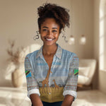 Tanzania Safari Giraffe Women Casual Shirt - Tribal Patterns and Mount Kilimanjaro Scene