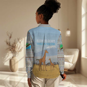 Tanzania Safari Giraffe Women Casual Shirt - Tribal Patterns and Mount Kilimanjaro Scene