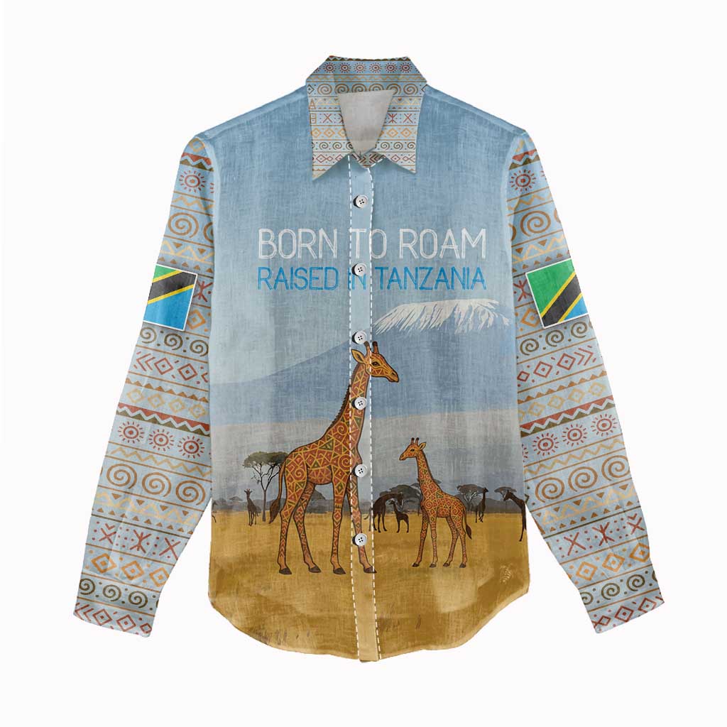 Tanzania Safari Giraffe Women Casual Shirt - Tribal Patterns and Mount Kilimanjaro Scene