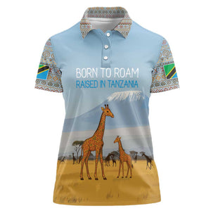 Tanzania Safari Giraffe Women Polo Shirt - Tribal Patterns and Mount Kilimanjaro Scene