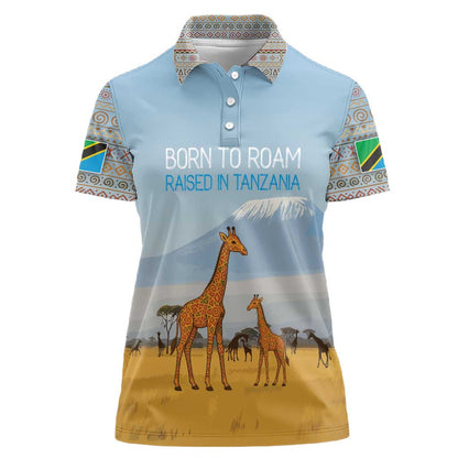 Tanzania Safari Giraffe Women Polo Shirt - Tribal Patterns and Mount Kilimanjaro Scene