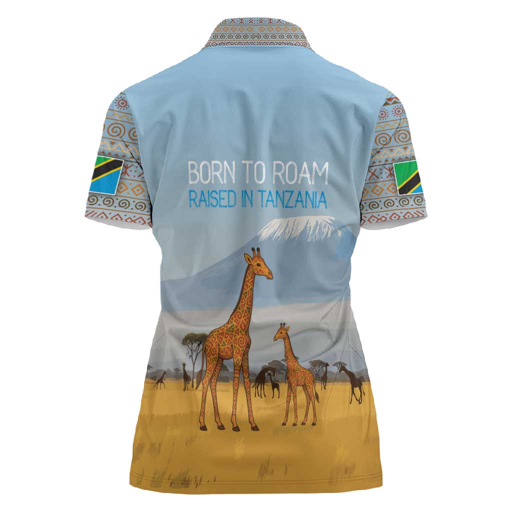 Tanzania Safari Giraffe Women Polo Shirt - Tribal Patterns and Mount Kilimanjaro Scene