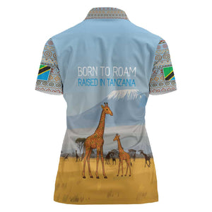 Tanzania Safari Giraffe Women Polo Shirt - Tribal Patterns and Mount Kilimanjaro Scene