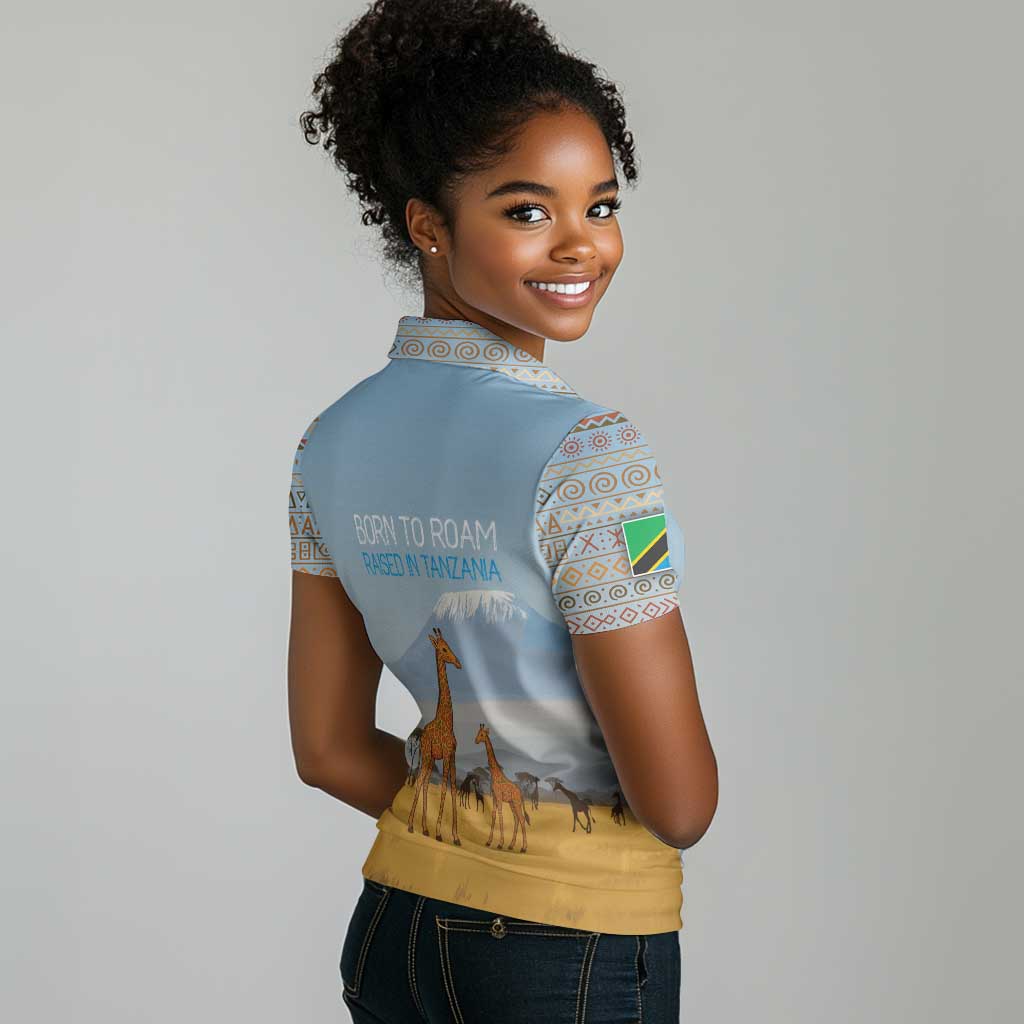 Tanzania Safari Giraffe Women Polo Shirt - Tribal Patterns and Mount Kilimanjaro Scene