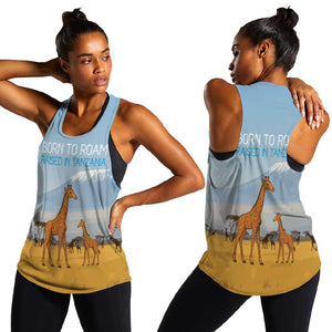 Tanzania Safari Giraffe Women Racerback Tank - Tribal Patterns and Mount Kilimanjaro Scene