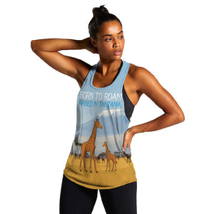 Tanzania Safari Giraffe Women Racerback Tank - Tribal Patterns and Mount Kilimanjaro Scene