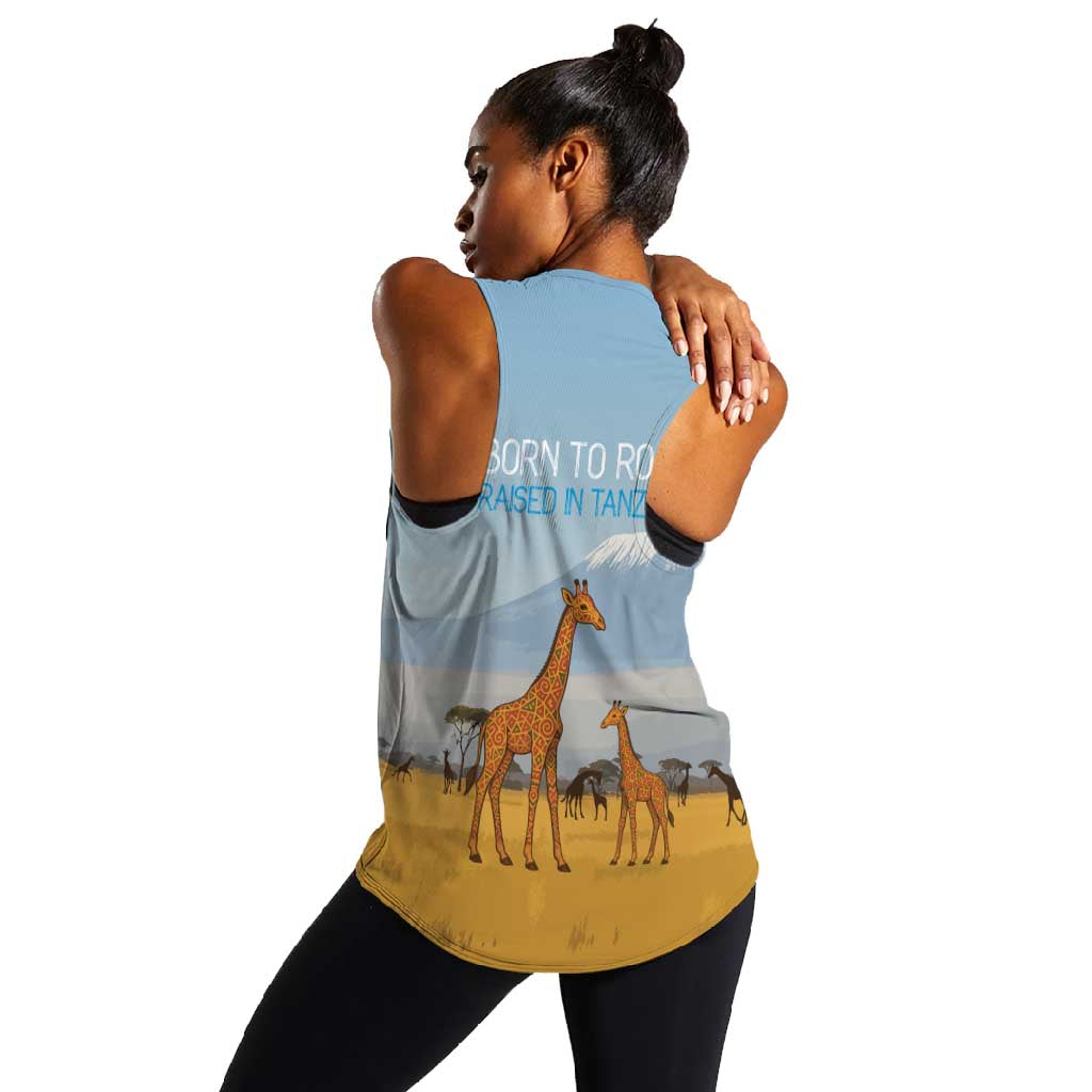 Tanzania Safari Giraffe Women Racerback Tank - Tribal Patterns and Mount Kilimanjaro Scene