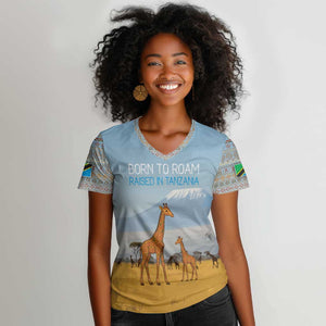 Tanzania Safari Giraffe Women V-Neck T-Shirt - Tribal Patterns and Mount Kilimanjaro Scene