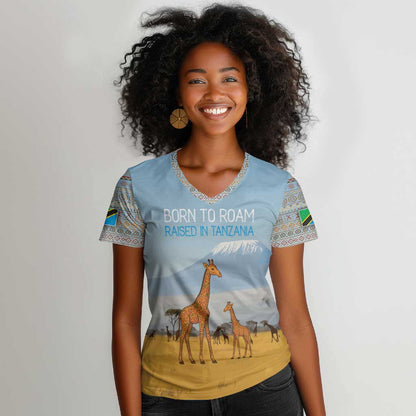 Tanzania Safari Giraffe Women V-Neck T-Shirt - Tribal Patterns and Mount Kilimanjaro Scene