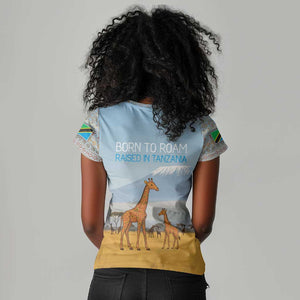 Tanzania Safari Giraffe Women V-Neck T-Shirt - Tribal Patterns and Mount Kilimanjaro Scene