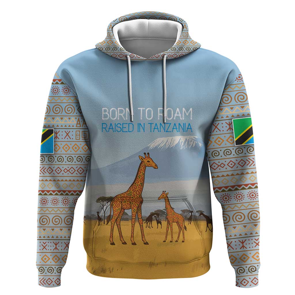 Tanzania Safari Giraffe Zip Hoodie - Tribal Patterns and Mount Kilimanjaro Scene