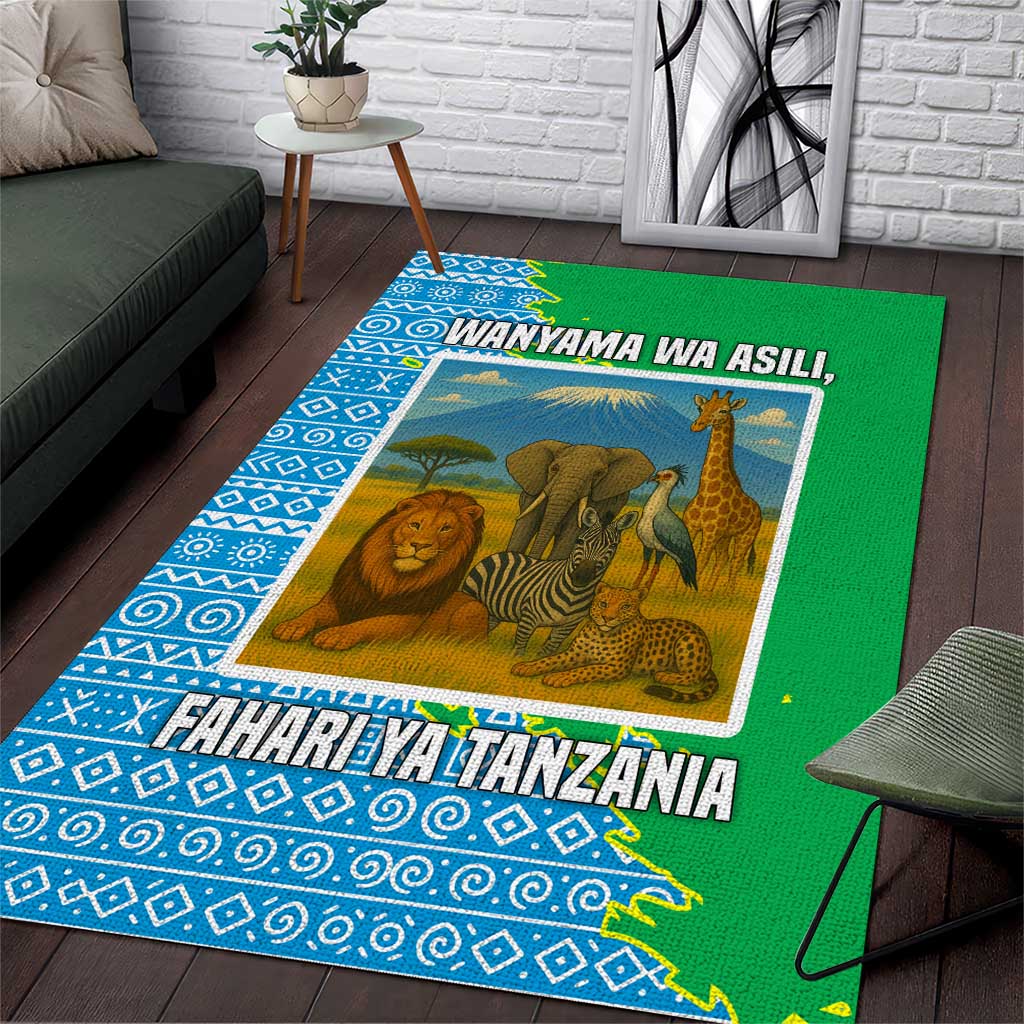 Tanzania Wildlife Area Rug - Tribal Print and Mount Kilimanjaro Safari Scene