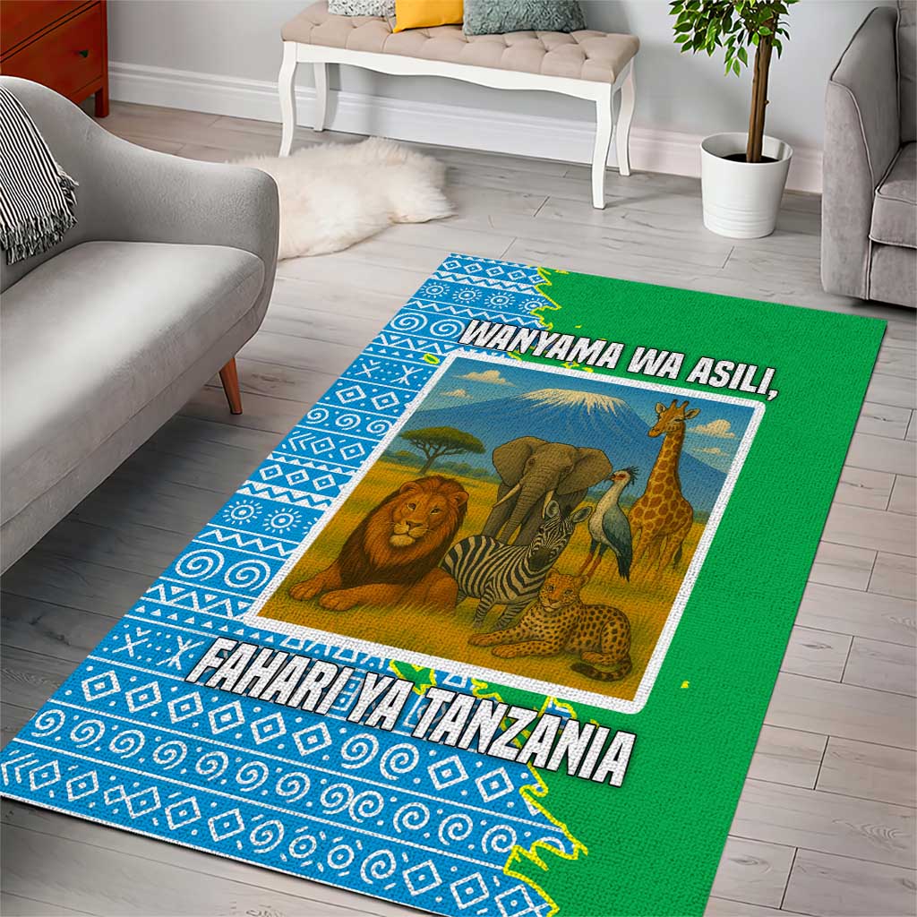 Tanzania Wildlife Area Rug - Tribal Print and Mount Kilimanjaro Safari Scene