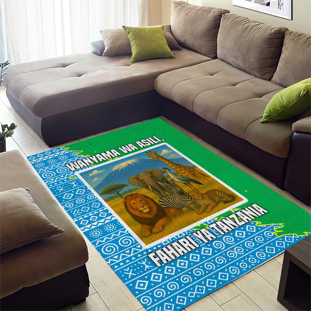 Tanzania Wildlife Area Rug - Tribal Print and Mount Kilimanjaro Safari Scene