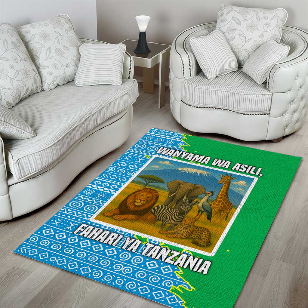 Tanzania Wildlife Area Rug - Tribal Print and Mount Kilimanjaro Safari Scene