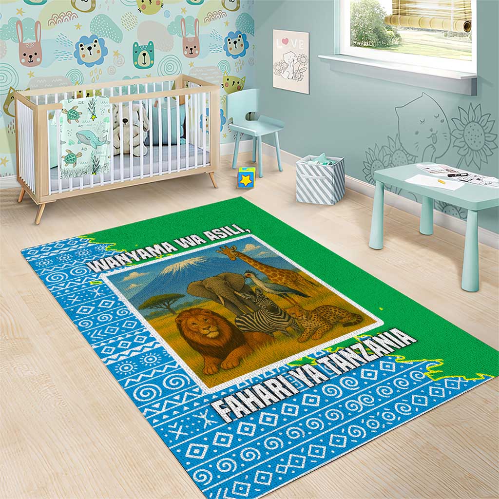 Tanzania Wildlife Area Rug - Tribal Print and Mount Kilimanjaro Safari Scene
