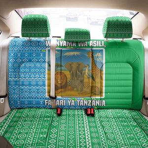 Tanzania Wildlife Back Car Seat Cover - Tribal Print and Mount Kilimanjaro Safari Scene