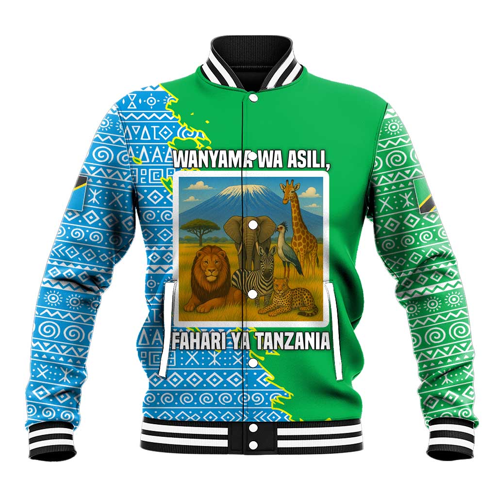 Tanzania Wildlife Baseball Jacket - Tribal Print and Mount Kilimanjaro Safari Scene