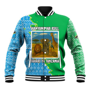 Tanzania Wildlife Baseball Jacket - Tribal Print and Mount Kilimanjaro Safari Scene