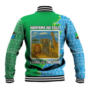 Tanzania Wildlife Baseball Jacket - Tribal Print and Mount Kilimanjaro Safari Scene