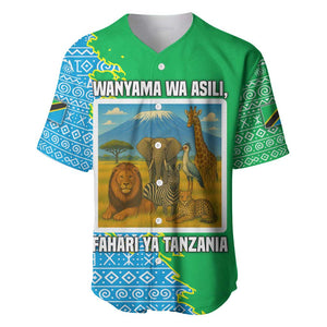 Tanzania Wildlife Baseball Jersey - Tribal Print and Mount Kilimanjaro Safari Scene