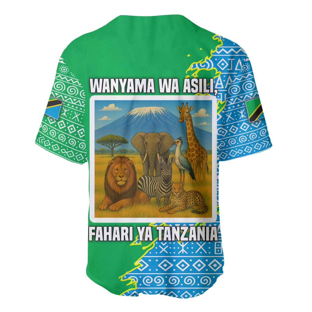 Tanzania Wildlife Baseball Jersey - Tribal Print and Mount Kilimanjaro Safari Scene