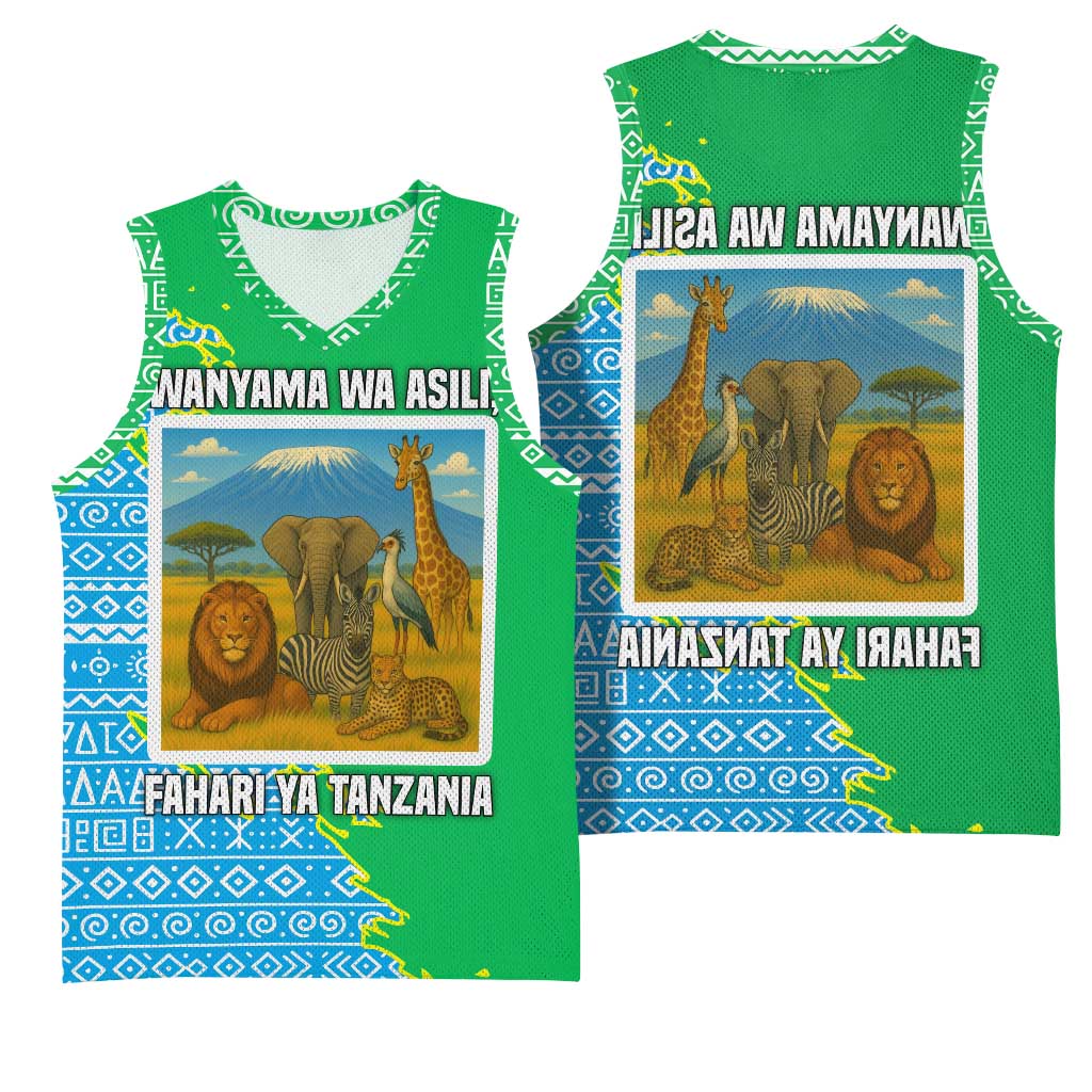 Tanzania Wildlife Basketball Jersey - Tribal Print and Mount Kilimanjaro Safari Scene - African Pride