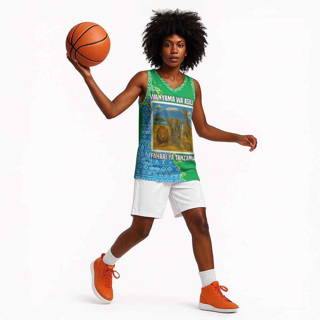Tanzania Wildlife Basketball Jersey - Tribal Print and Mount Kilimanjaro Safari Scene - African Pride