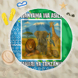 Tanzania Wildlife Beach Blanket - Tribal Print and Mount Kilimanjaro Safari Scene
