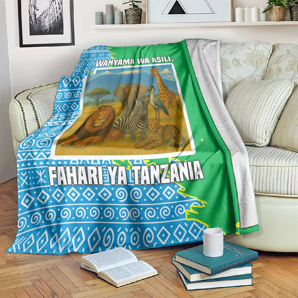 Tanzania Wildlife Blanket - Tribal Print and Mount Kilimanjaro Safari Scene