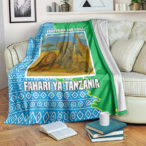 Tanzania Wildlife Blanket - Tribal Print and Mount Kilimanjaro Safari Scene