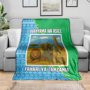Tanzania Wildlife Blanket - Tribal Print and Mount Kilimanjaro Safari Scene