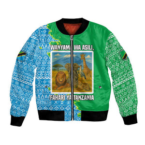 Tanzania Wildlife Bomber Jacket - Tribal Print and Mount Kilimanjaro Safari Scene