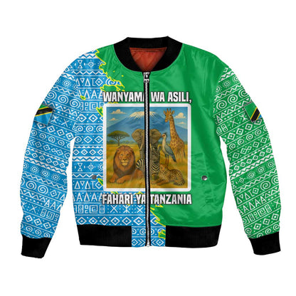 Tanzania Wildlife Bomber Jacket - Tribal Print and Mount Kilimanjaro Safari Scene
