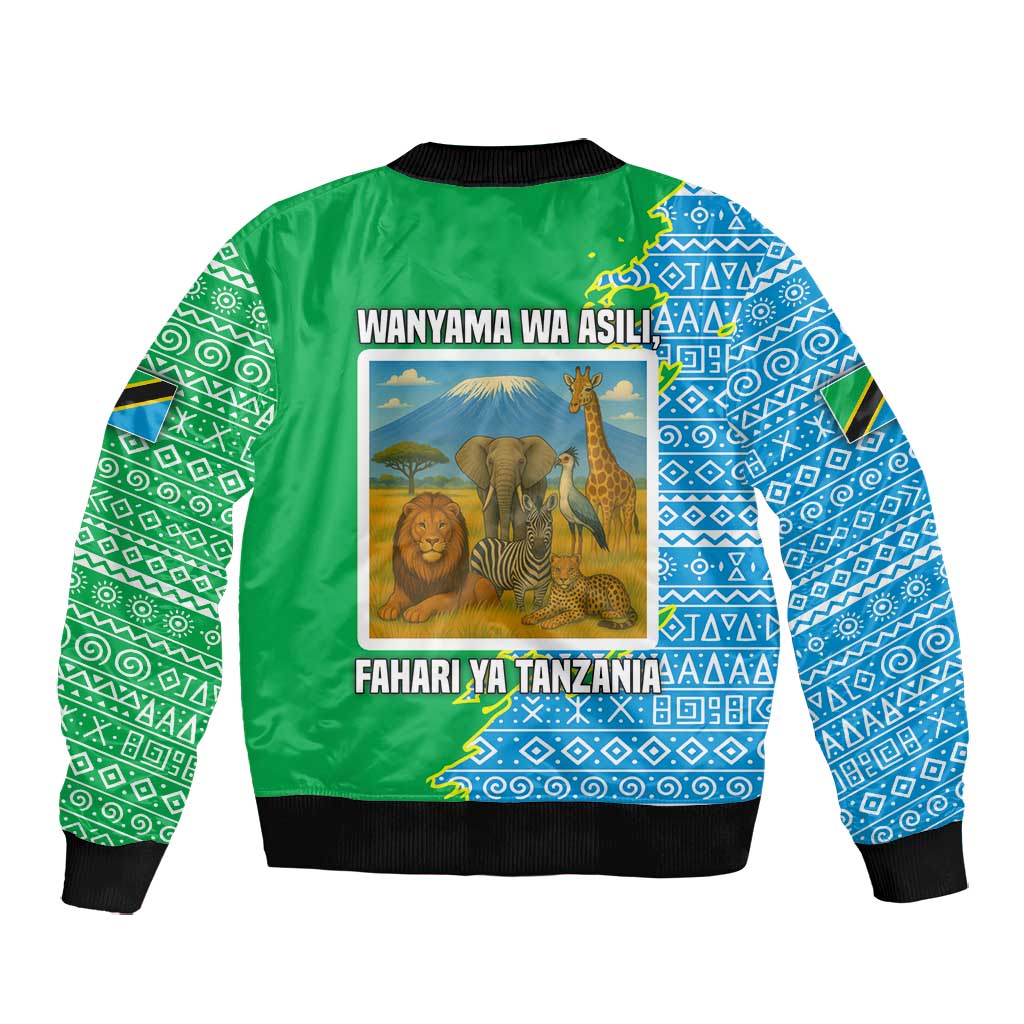 Tanzania Wildlife Bomber Jacket - Tribal Print and Mount Kilimanjaro Safari Scene