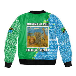 Tanzania Wildlife Bomber Jacket - Tribal Print and Mount Kilimanjaro Safari Scene