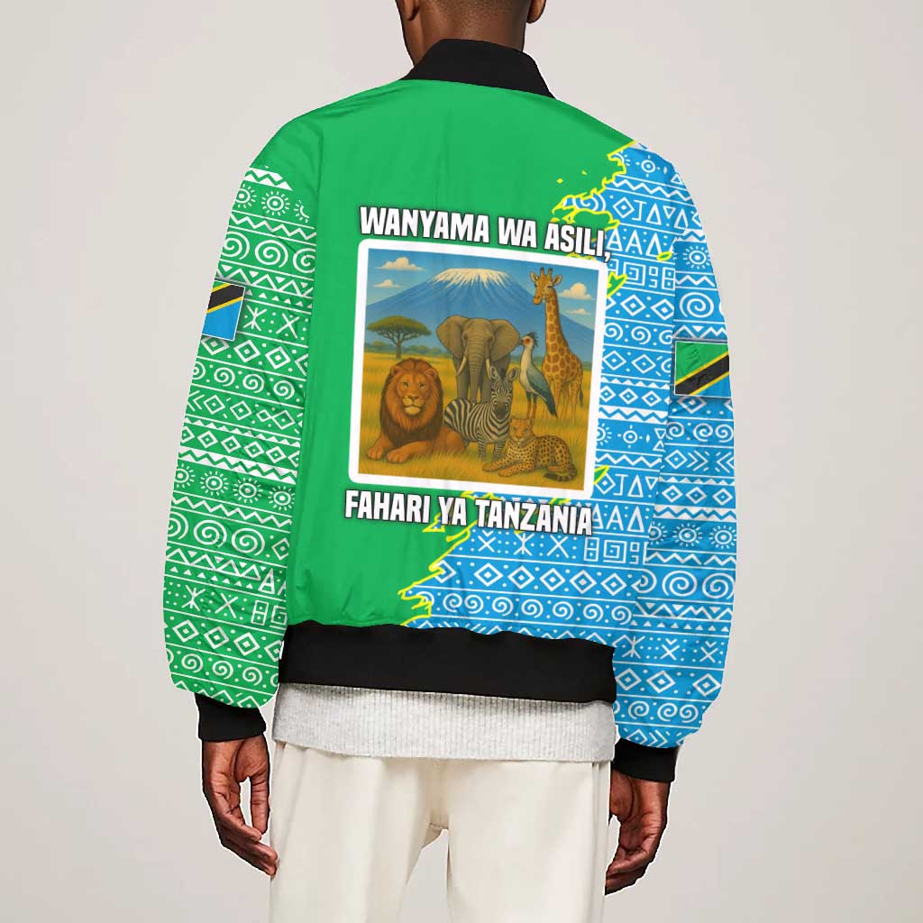 Tanzania Wildlife Bomber Jacket - Tribal Print and Mount Kilimanjaro Safari Scene