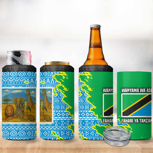 Tanzania Wildlife 4 in 1 Can Cooler Tumbler - Tribal Print and Mount Kilimanjaro Safari Scene